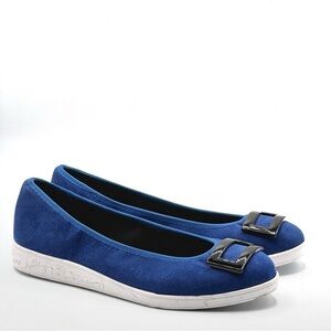 Soft Style Royal Blue Suede Slip-On Flats with Decorative Buckle